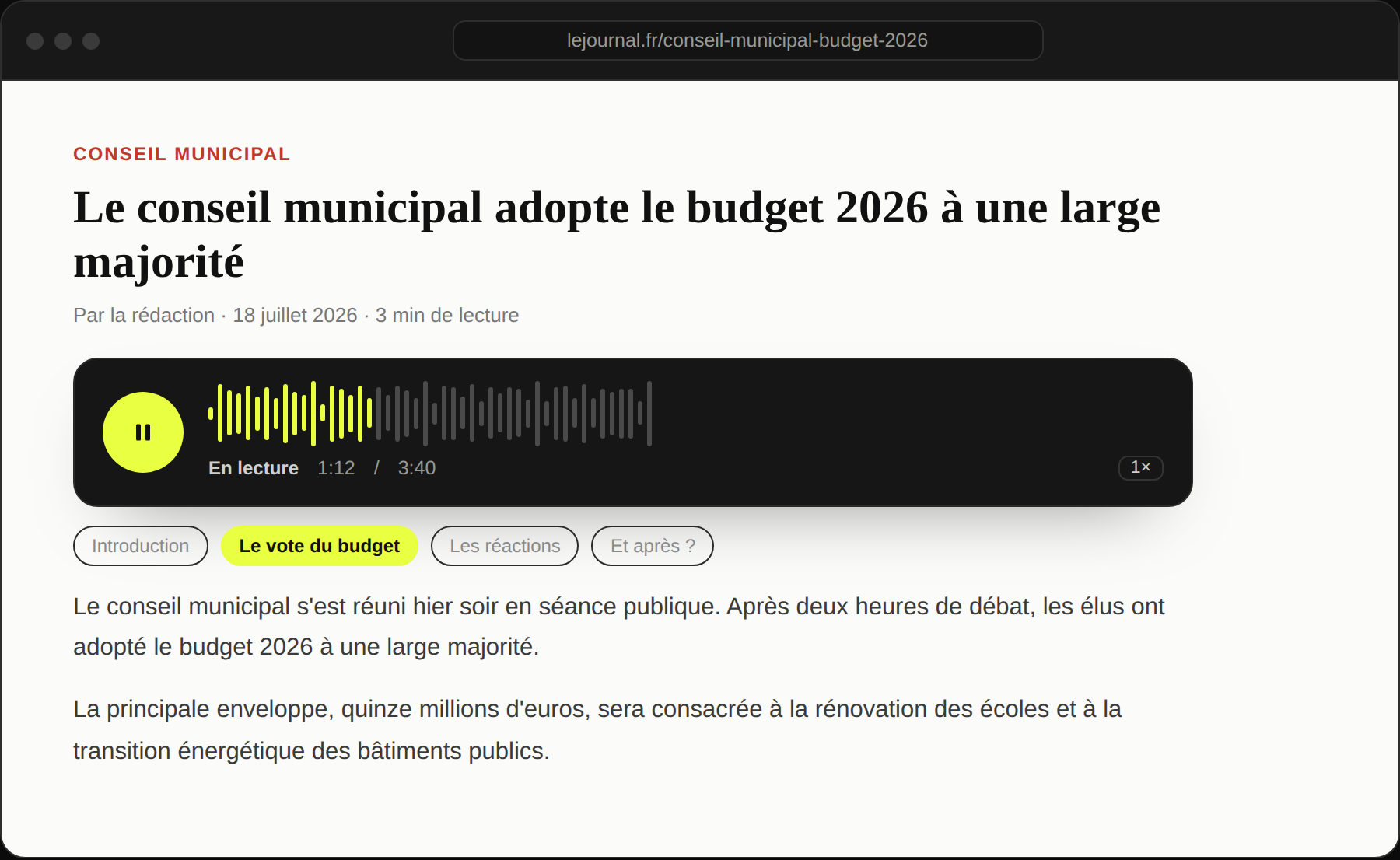 Le lecteur WeDispatch avec des chapitres cliquables et un lien qui démarre à une seconde précise.