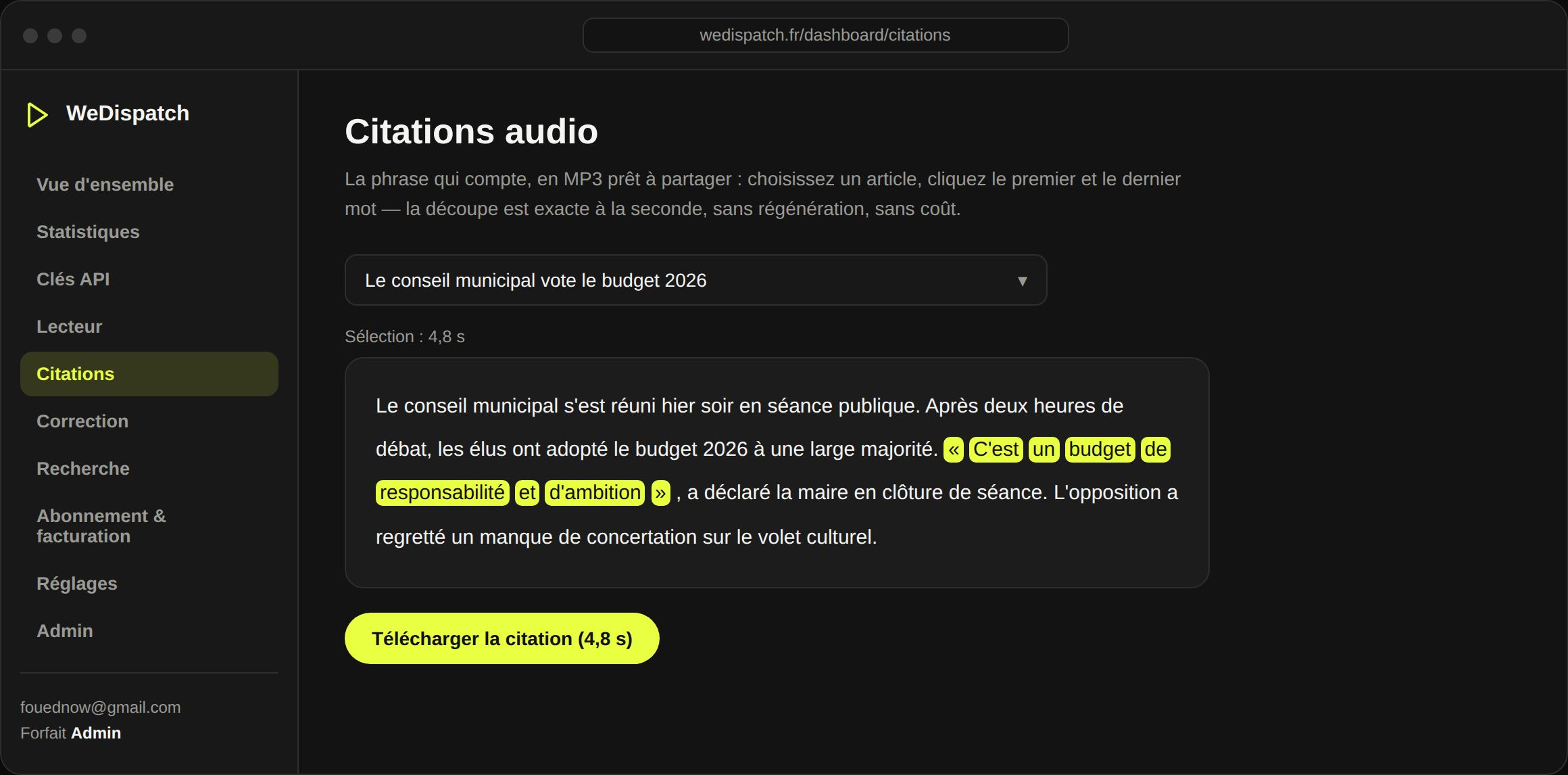 L'atelier Citations de WeDispatch : le transcript d'un article avec une phrase surlignée, prête à être exportée en MP3.