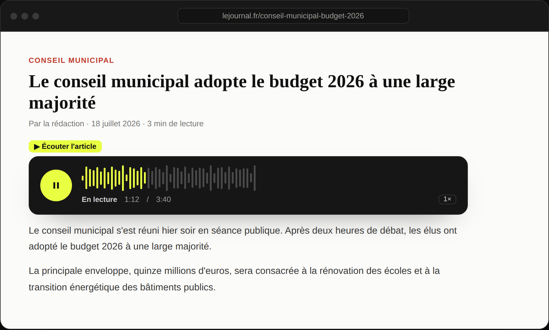 Le lecteur audio WeDispatch intégré en tête d'un article.
