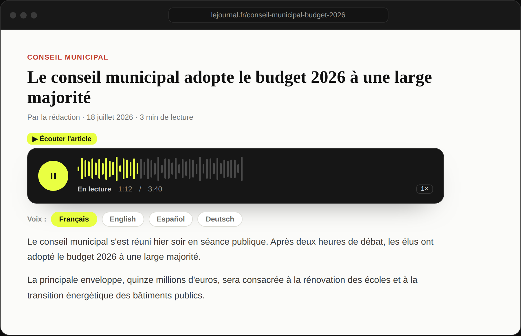 Le lecteur WeDispatch avec un sélecteur de langue : français, anglais, espagnol, allemand.