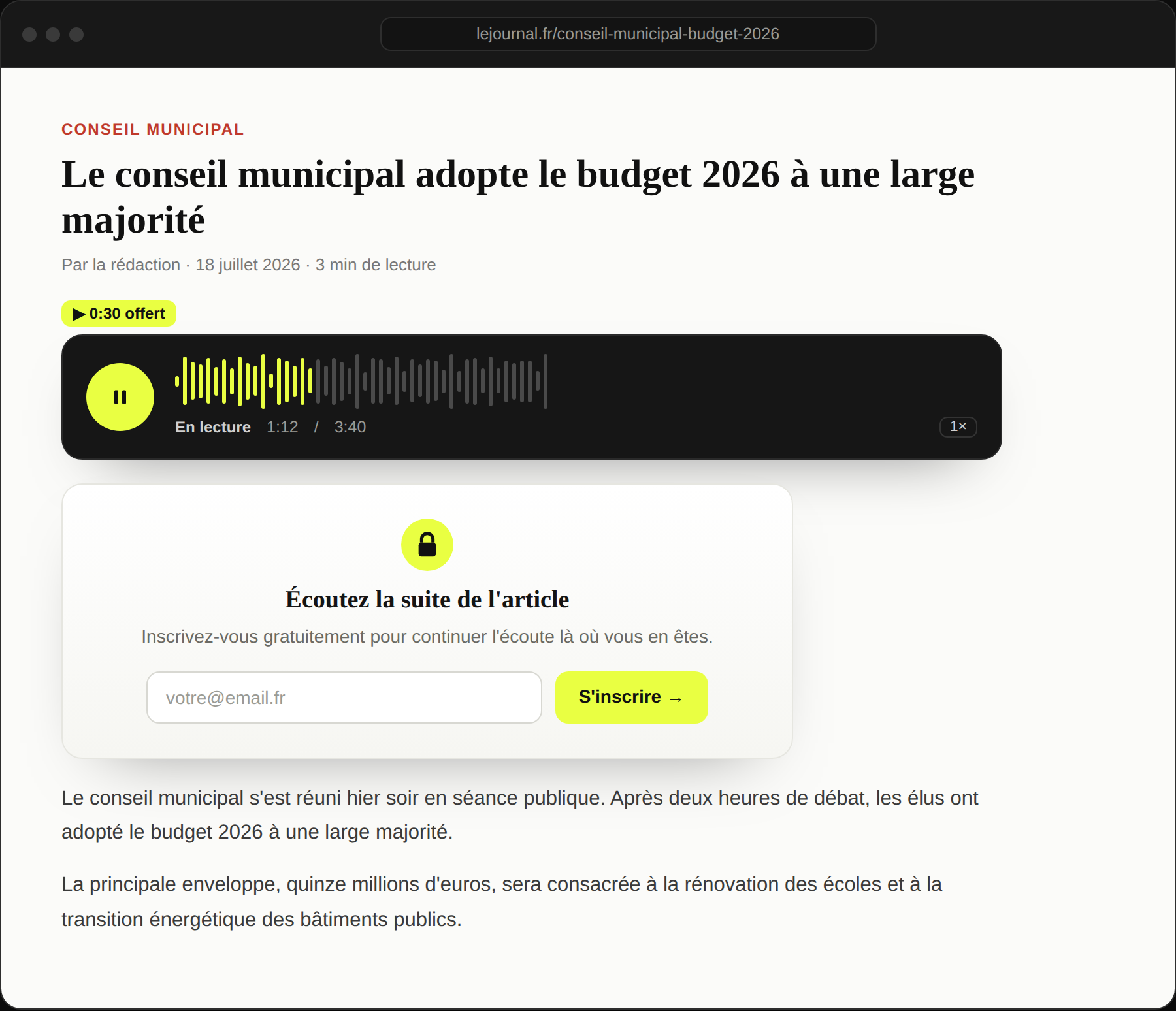 Le lecteur WeDispatch qui invite à s'inscrire pour écouter la suite de l'article.