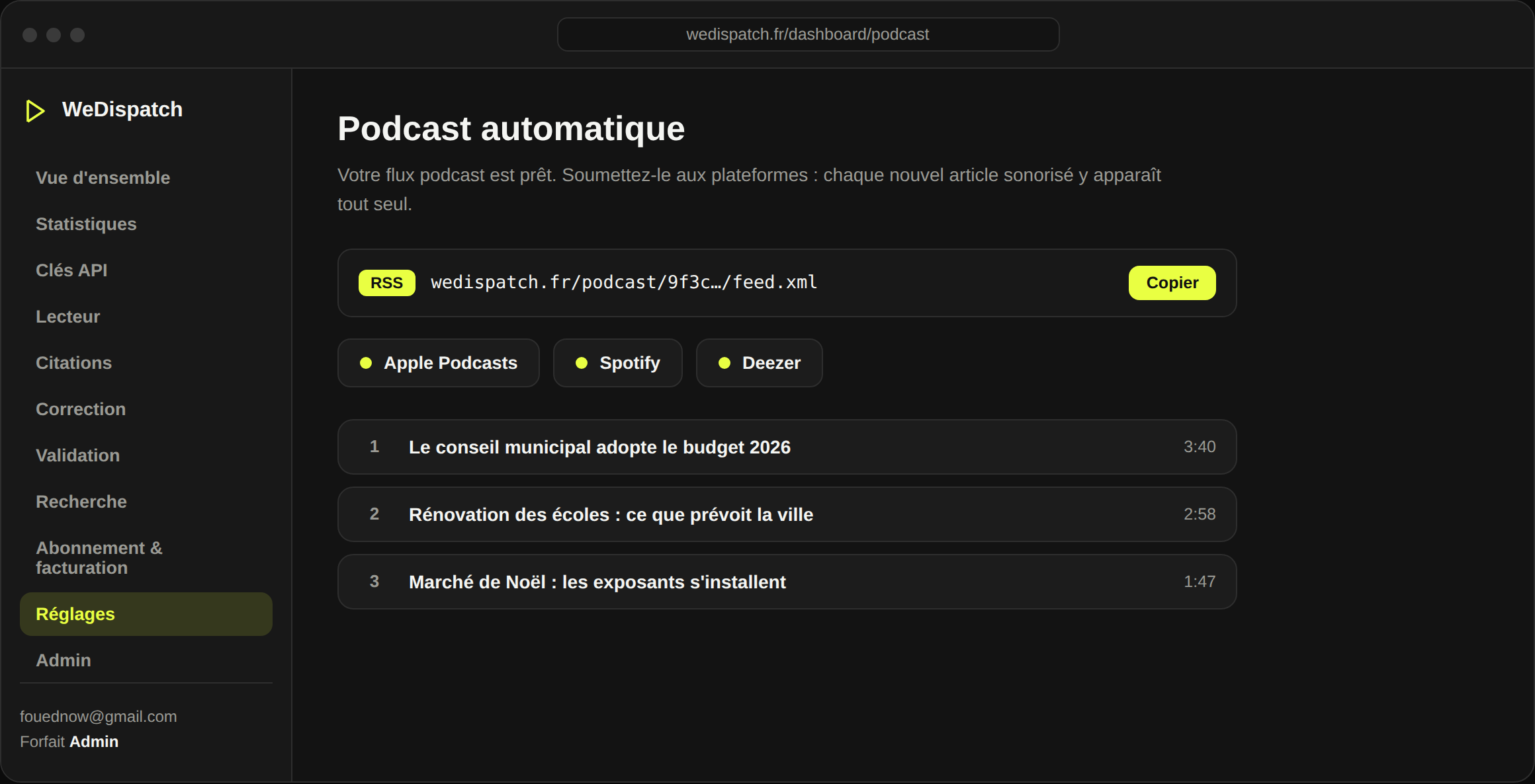 A WeDispatch site's podcast feed, ready to submit to Apple Podcasts and Spotify.