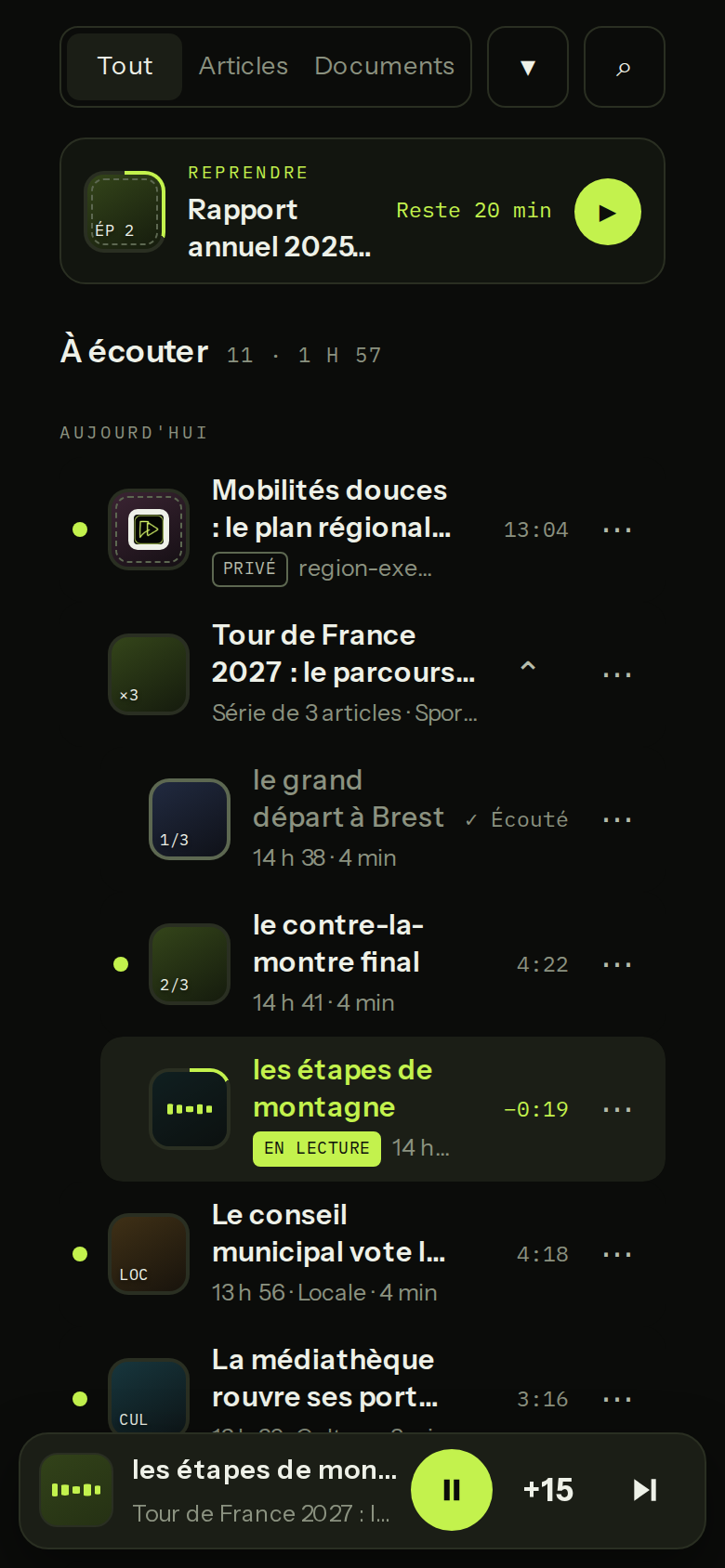 The library on a phone: up next at the top, a series of articles grouped together, the time left on each audio.