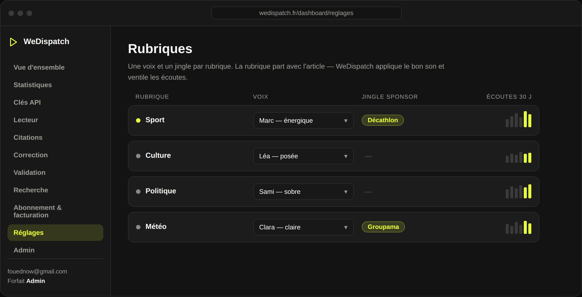 Réglage des rubriques : une voix et un jingle attribués à chaque rubrique.