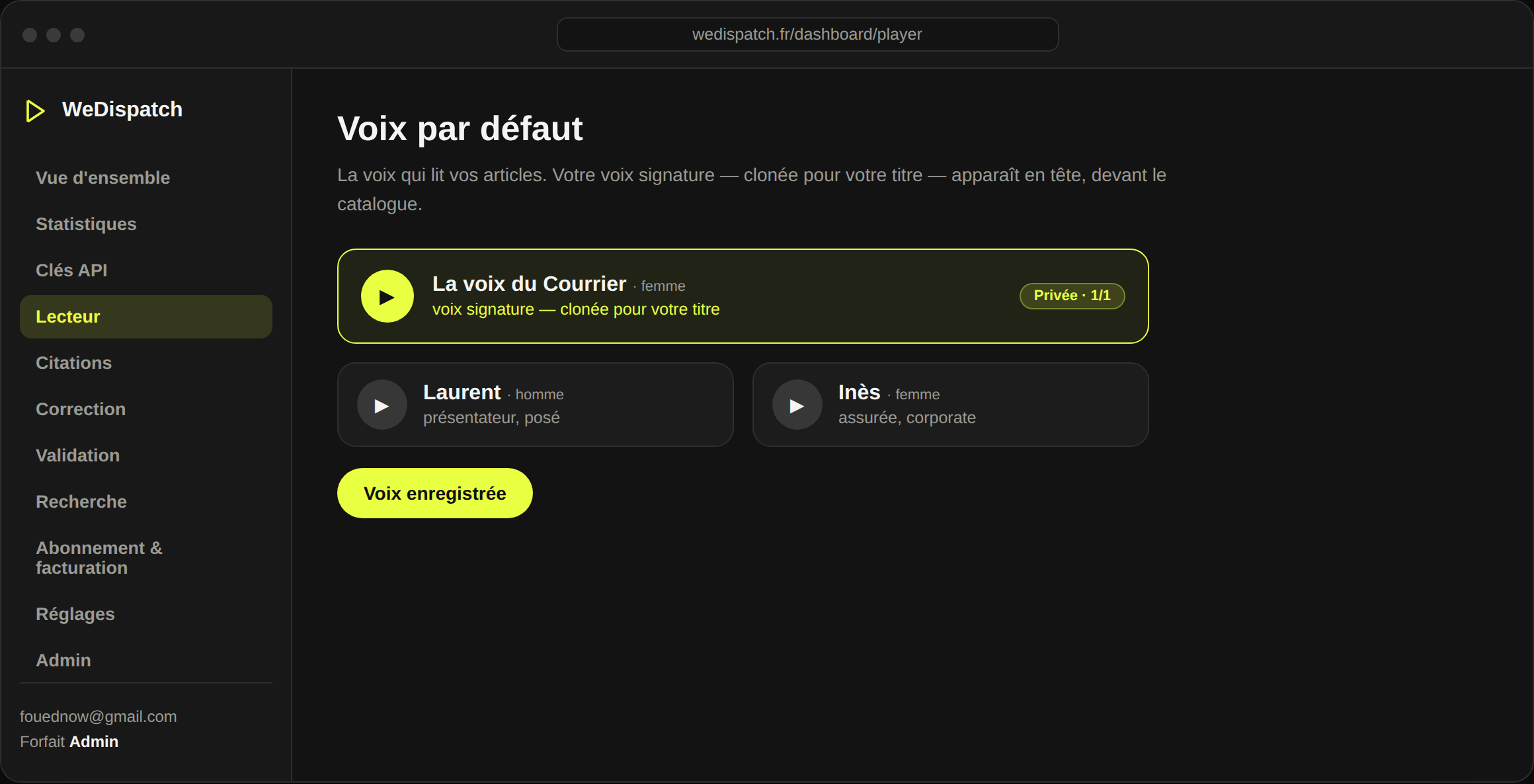 Le sélecteur de voix de WeDispatch : la voix signature du titre en tête de liste, devant les voix du catalogue.