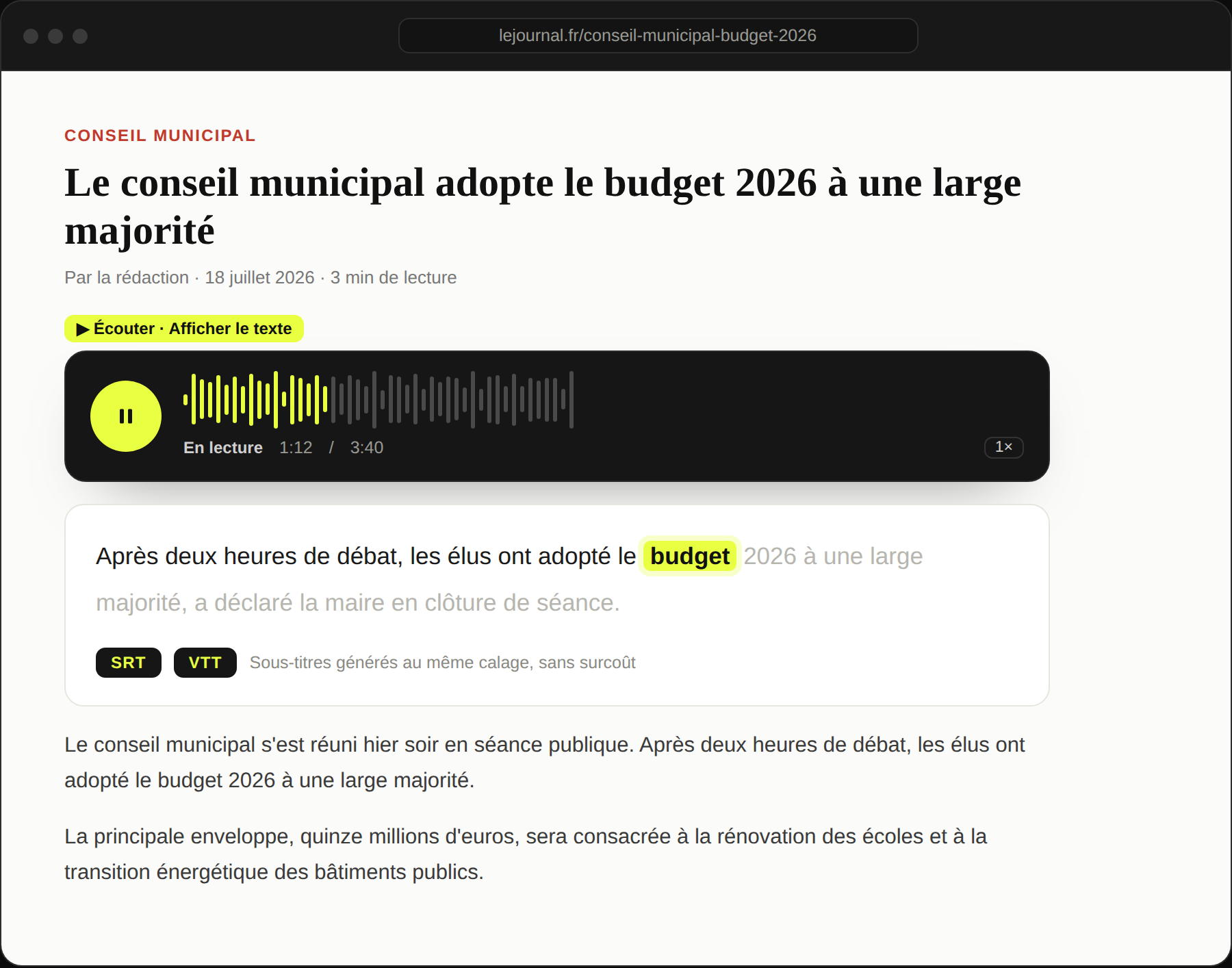 The WeDispatch player with synced text: the word being read is highlighted.