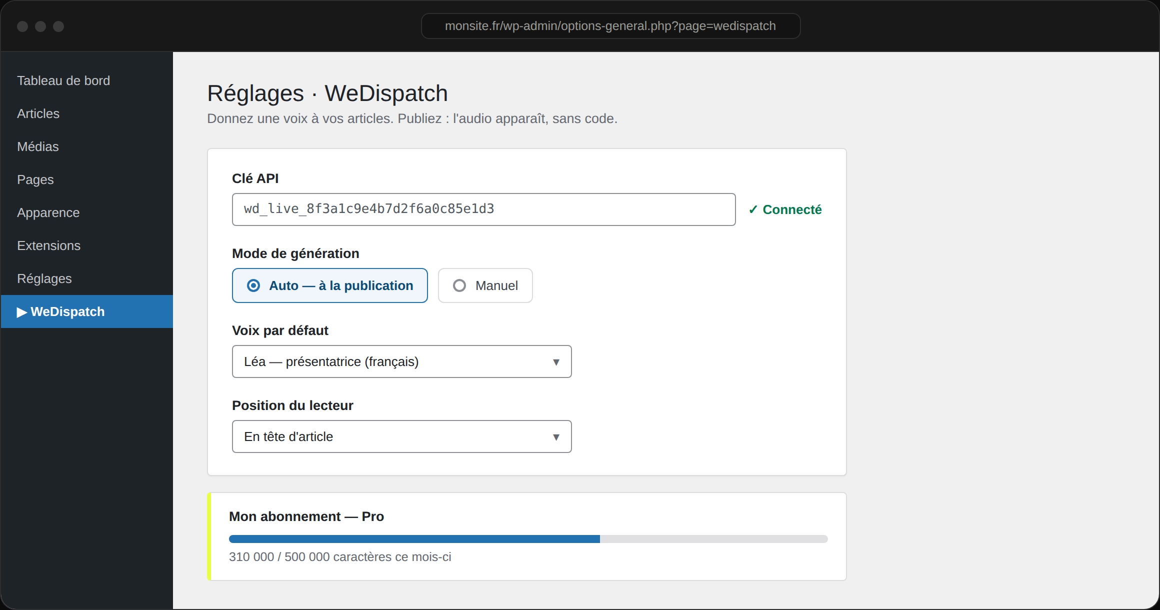 Les réglages de l'extension WordPress WeDispatch : clé API, mode Auto/Manuel, voix et position du lecteur.